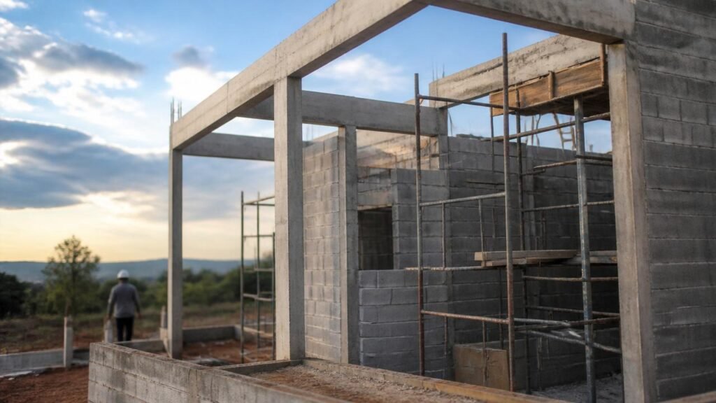 Construção de casa em Sinop em fase de alvenaria estrutural, canteiro de obra com andaimes