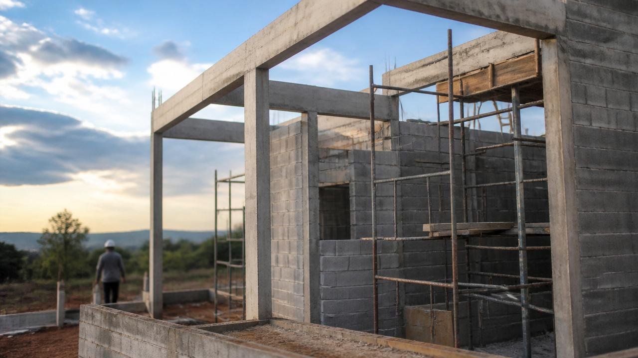 Construção de casa em Sinop em fase de alvenaria estrutural, canteiro de obra com andaimes