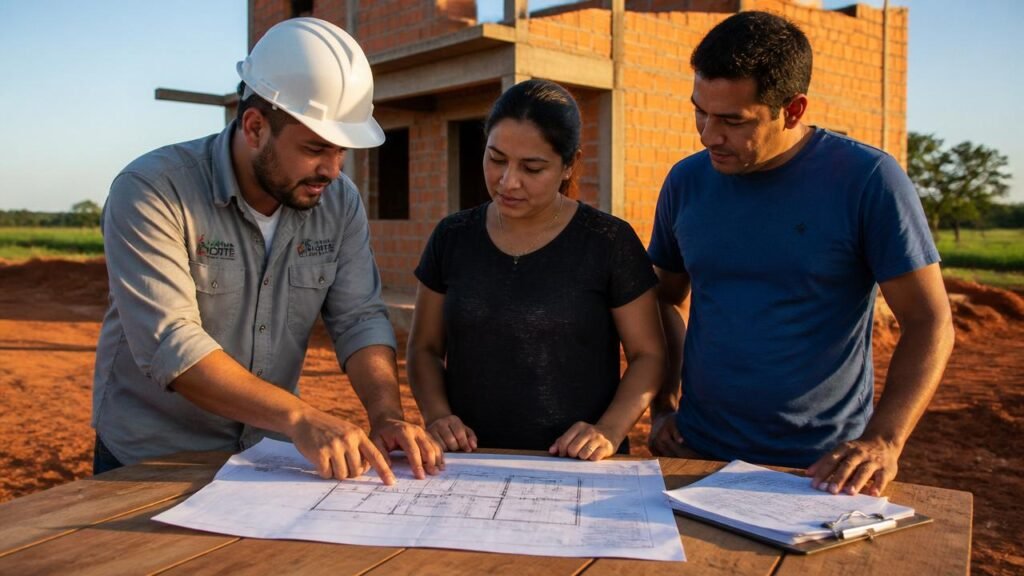 Engenheiro e clientes revisando contrato de construtora em Sinop no canteiro de obras