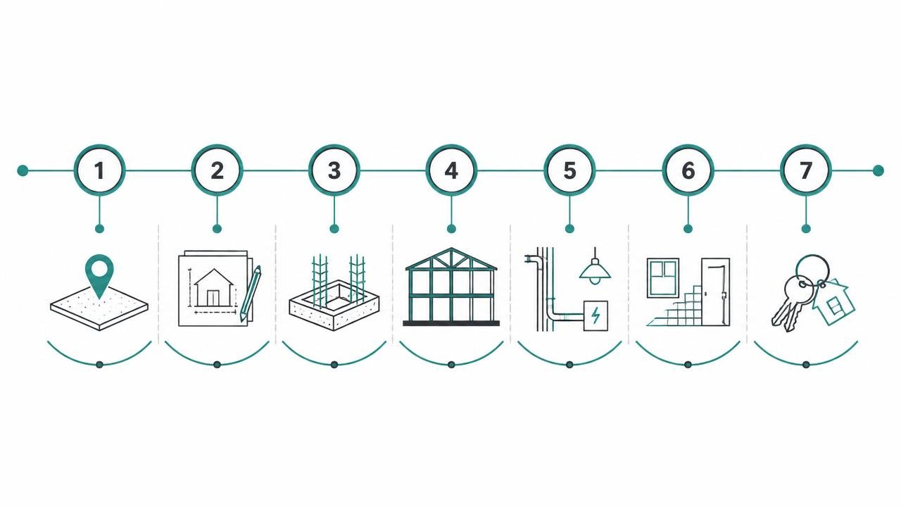 Diagrama com as sete etapas da construção de casa em Sinop, do terreno à entrega das chaves