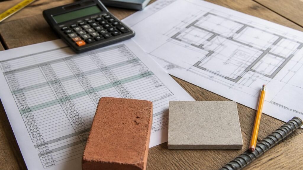 Orcamento para construcao de casa em Sinop: mesa de obra com planilha, planta baixa, calculadora e amostras de material