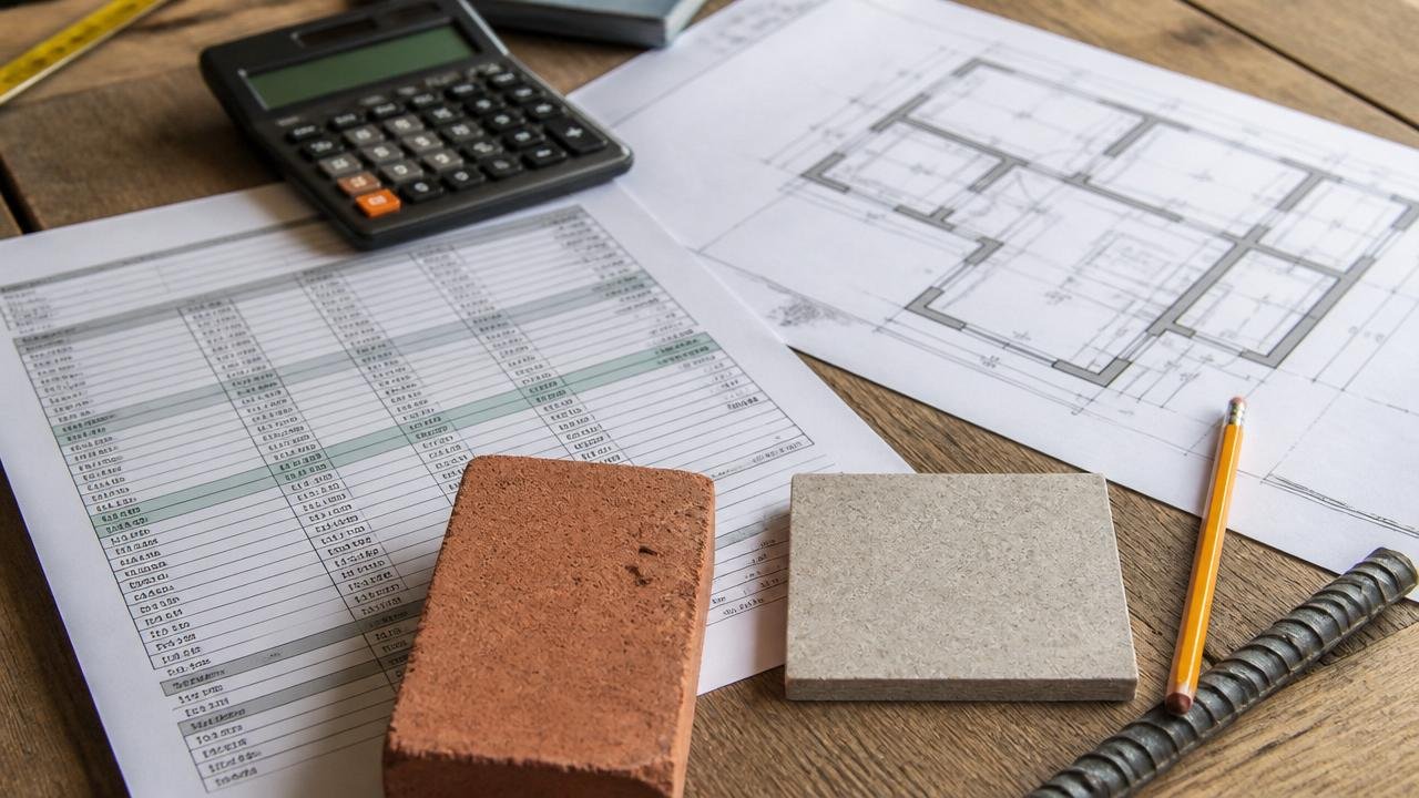 Orçamento para construção de casa em Sinop: mesa de obra com planilha, planta baixa, calculadora e amostras de material