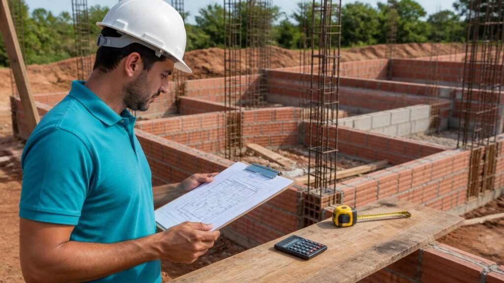 Quanto custa construir uma casa em Sinop: engenheiro conferindo planta e orcamento em canteiro de obra residencial