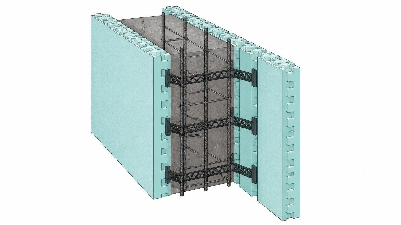 Diagrama do sistema construtivo EPS ICF com parede de poliestireno e nucleo de concreto armado