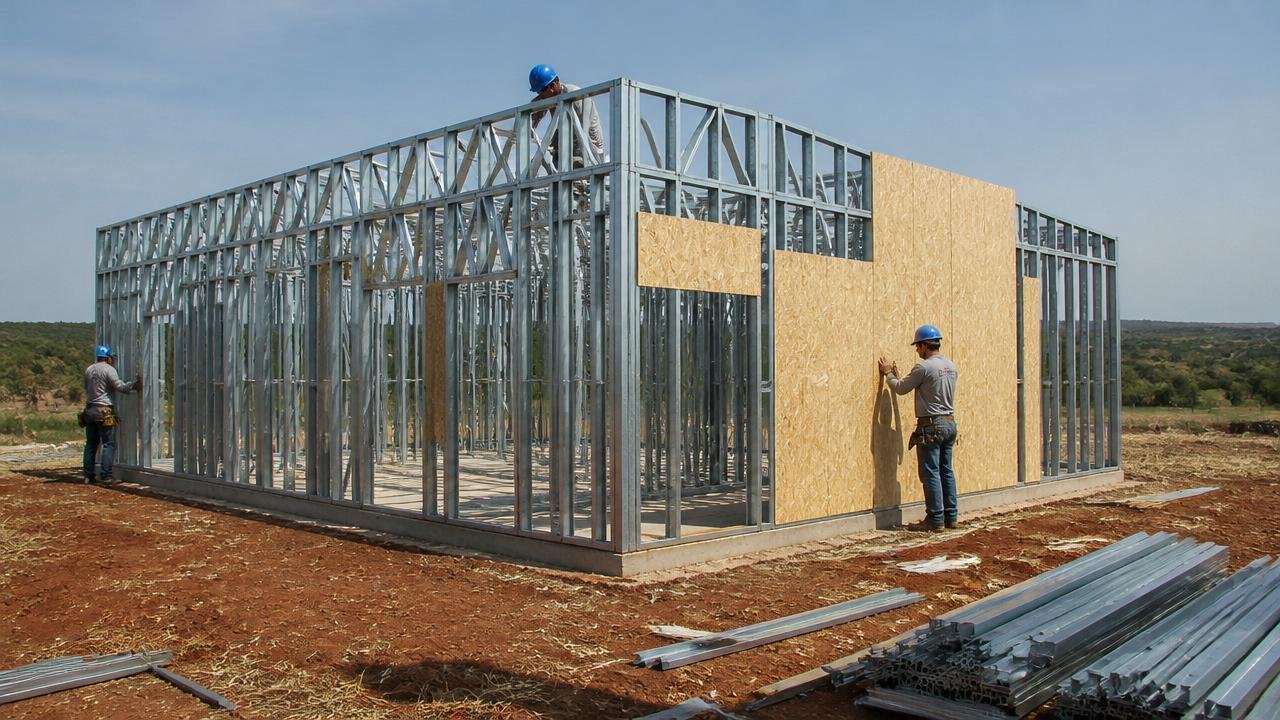 Estrutura de steel frame em montagem em obra de Sinop-MT